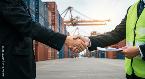 Businessmen shaking hands to finalize a successful trade agreement at a busy shipping container port and logistics terminal