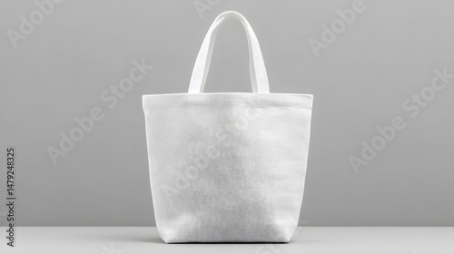 Minimalist white tote bag centered on a soft grey background, clean and stylish product presentation ideal for branding, mockups, or eco-friendly fashion concepts.
