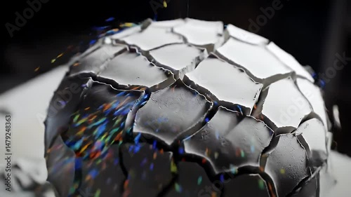 Dynamic Spherical Object Covered With Colorful Fluid And Iridescent Particles