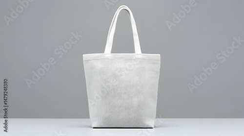 Minimalist white tote bag centered on a soft grey background, clean and stylish product presentation ideal for branding, mockups, or eco-friendly fashion concepts.
