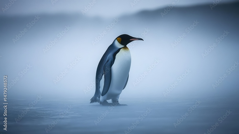 Fototapeta premium Abstract foggy ice field with king penguin walking through faint blue haze and white shadows