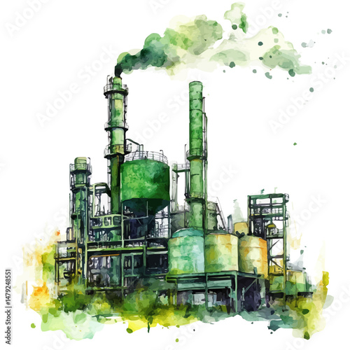 watercolor of Green Factory, isolated on a white background.