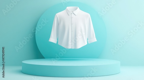 Centralized white shirt on a patterned blue circular platform, symmetrical composition and soft tone photo