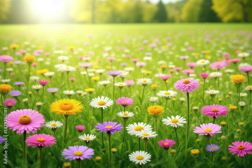 Obraz premium field of flowers with the sun shining in the background
