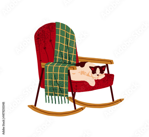 Cute asleep cat is lying, has a rest on cozy rocking chair with blanket. Happy kitty relaxes, sleeps on comfortable swinging armchair. Autumn aesthetics. Flat isolated vector illustration on white