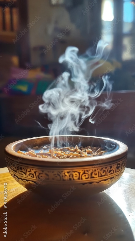 Fototapeta premium Ethereal Smoke Rising from Traditional Bowl in Cozy Environment