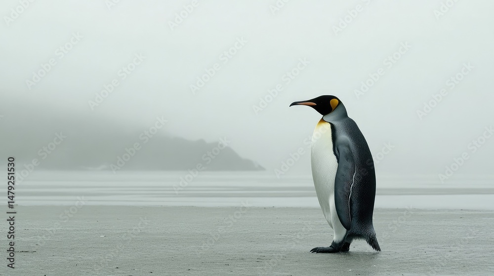 Obraz premium Frozen ground beneath a king penguin walking into fading visibility, icy wind visible in soft fog curls