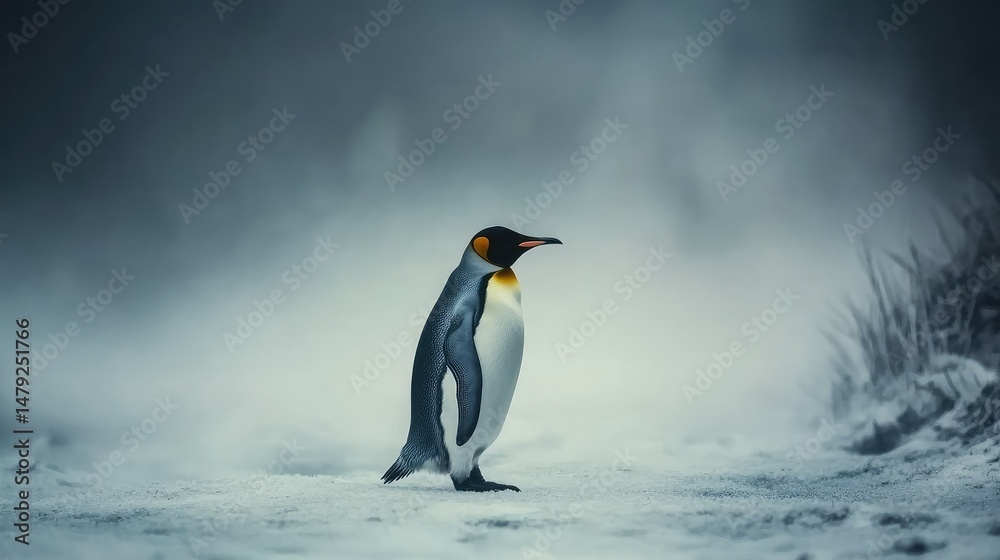 Fototapeta premium High-resolution image of a king penguin walking slowly across a fog-filled frozen tundra, framed in frost