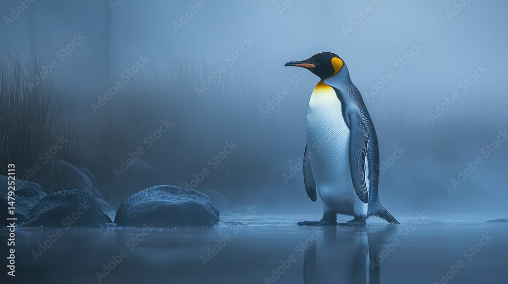 Fototapeta premium King penguin traveling across a glacial plain, fog rolling in from the distance, cold tones dominating the frame