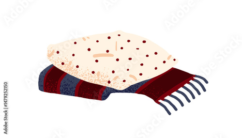 Cute pillow and woolen blanket for sleeping. Cushion with dot pattern on pillowcase and plaid. Hygge bed sheets. Cozy bedroom accessories. Flat isolated hand drawn vector illustration on white