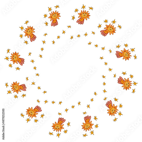 Cute doodle-style circle frame with comets and stars, featuring Copy Space for children’s cards, invitations, and playful projects, perfect for kids’ books, clothing prints, and room decor