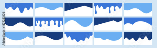 Vector set of separator header, section divider shapes for website, app or web page. Modern bottom or top border, headline design elements, blue footers with curve lines, drops on white background