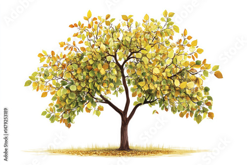 A walnut tree with green husks and golden leaves in fall.