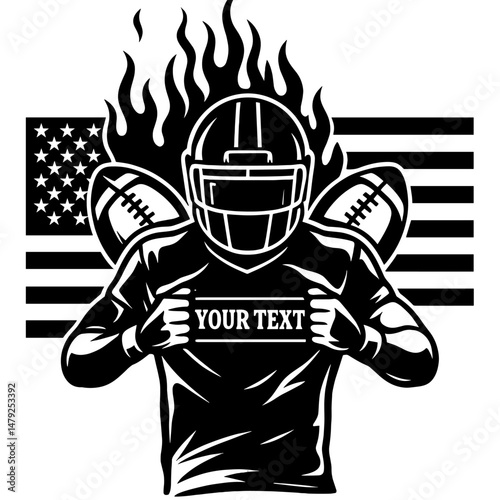 Flaming Football Player with Customizable Text and American Flag Background  

