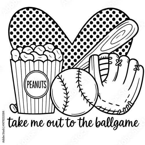 Baseball and Snacks in Heart Shape with Handwritten Vintage Typography  
