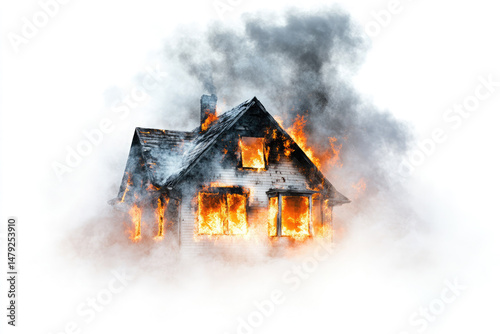 Set of house engulfed in flames with smoke billowing isolate on white background