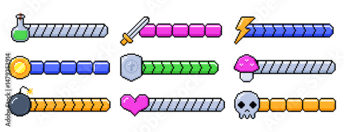 Vector set of 8bit pixel game life icons. Retro video games element, arcade ui design energy levels with heart, bomb, skull, sword, mana potion bottle, controller items. Pixelated loading progress bar