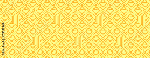 Instant noodles ramen background. Vector yellow seamless pasta pattern. Oriental asian foods or spaghetti texture with repeat geometric circles. Poster or wallpaper with abstract italian meal ornament
