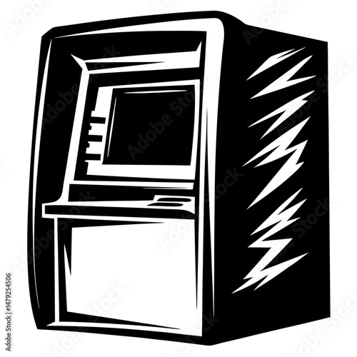 Bold black and white illustration of an automated teller machine ATM