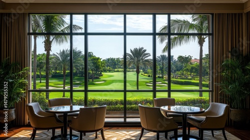 Window view from luxury hotel overlooking green golf course and palms