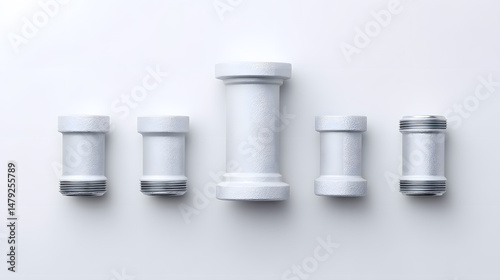 Neatly arranged plumbing components in a 45-degree overhead view, showcasing various metal fittings, pipes, and connectors on a clean gray surface for industrial and construction use.
