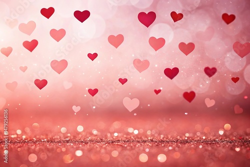 Romantic Rain of Hearts on a Glowing Surface