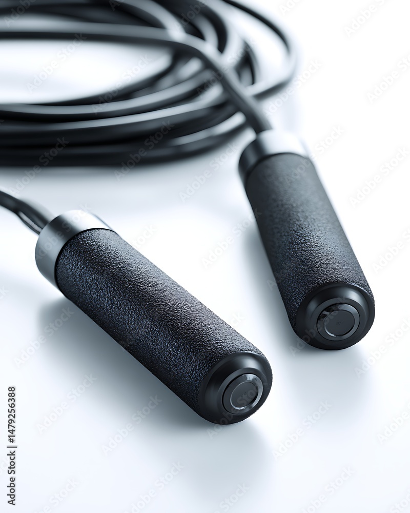 Black speed jump rope with foam handles, ideal for cardio training and agility, isolated on white background. Black speed jump rope with foam handles, ideal for cardio training and agility, isolated on white background.