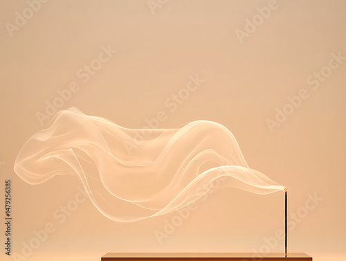 Abstract smoke art: delicate wisp rising from burning incense on a platform, warm beige background. Spiritual ambiance and modern simplicity.