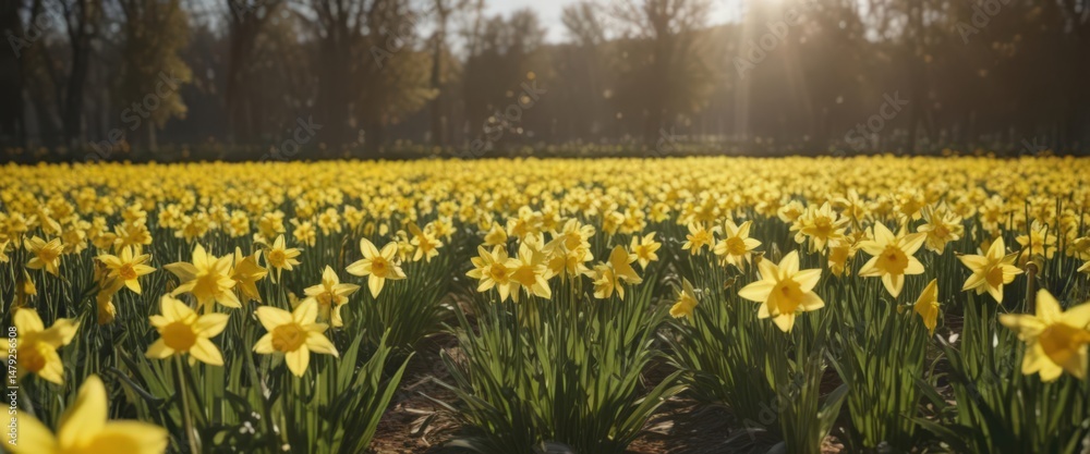 Obraz premium Sunlit daffodil field, vibrant yellow petals gleam , image, sunshine, sun