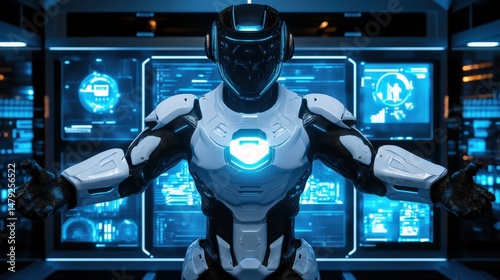Futuristic Robot with Blue Light in High-Tech Control Room Setting