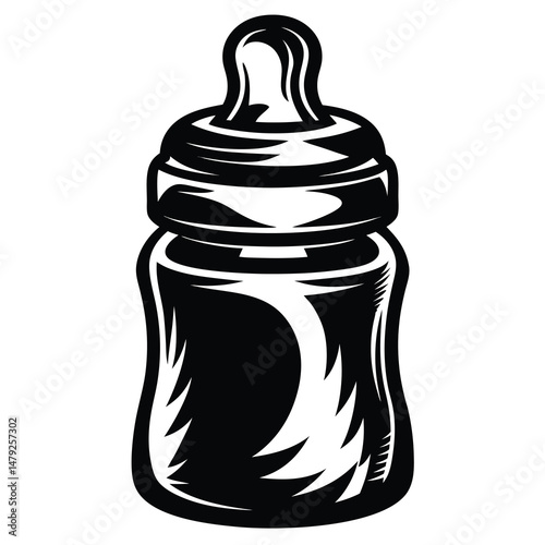 Stylized black and white illustration of a baby bottle with nipple