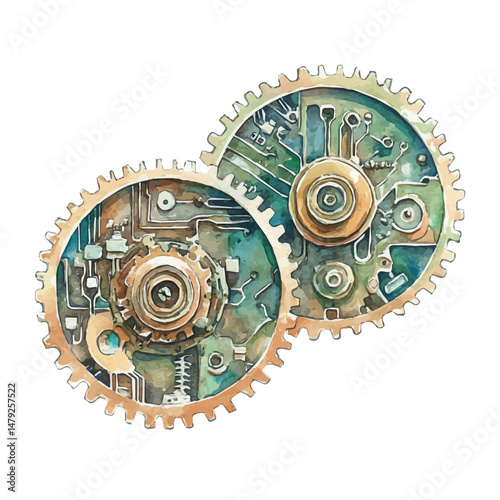 Gear And Circuit, watercolor vector, isolated on a white background.