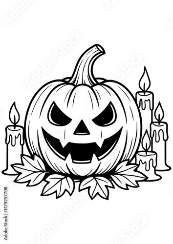 Black and white Halloween pumpkin with candles and autumn leaves, perfect for engraving, prints, and creative projects