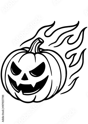 Black and white vector of a flaming Halloween pumpkin flying like a meteor with fire. Ideal for engraving, spooky prints, logos, and creative projects