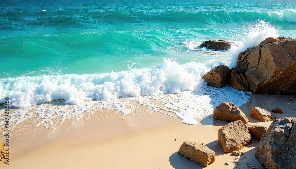 Naklejka premium Jagged rocks meet turquoise waves, sun-drenched sand , sea, background