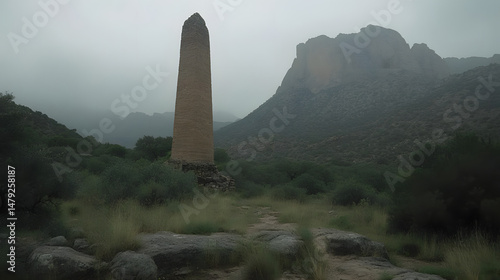 Ancient Stone Tower in Misty Mountain