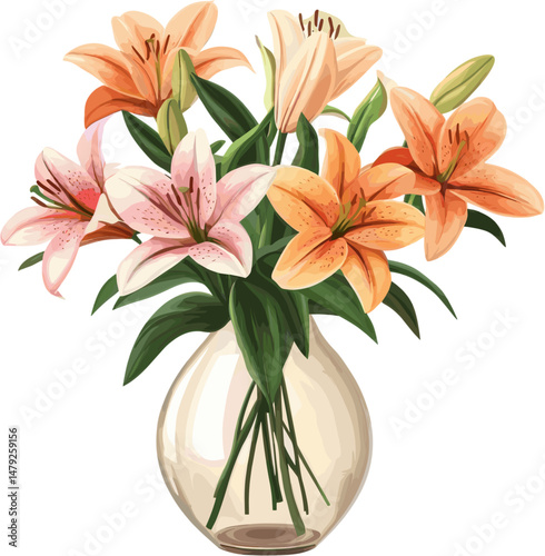 Beautiful bouquet of lilies in a transparent vase. Vector graphic illustration for decoration