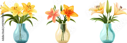 3 sets of beautiful lilies in transparent vases. Vector illustration