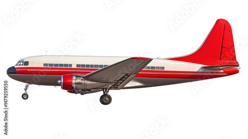 Vintage Airplane with Red and Silver Livery on White Background