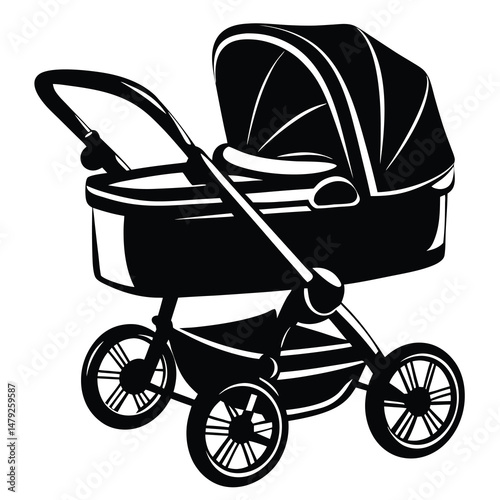 Stylish Black and White Illustration of a Modern Baby Stroller Design