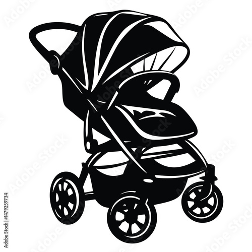 Stylish Black and White Vector Illustration of a Modern Baby Stroller Design