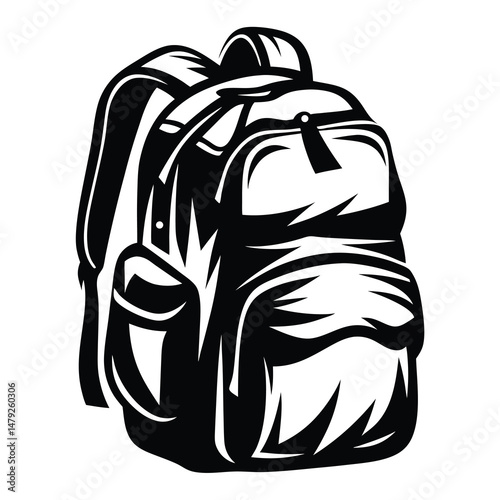 Detailed black and white vector image of a fully packed backpack