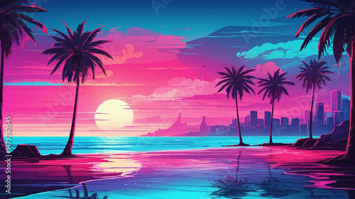 The sun sets over a tropical beach with palm trees and a city skyline in a vibrant display.