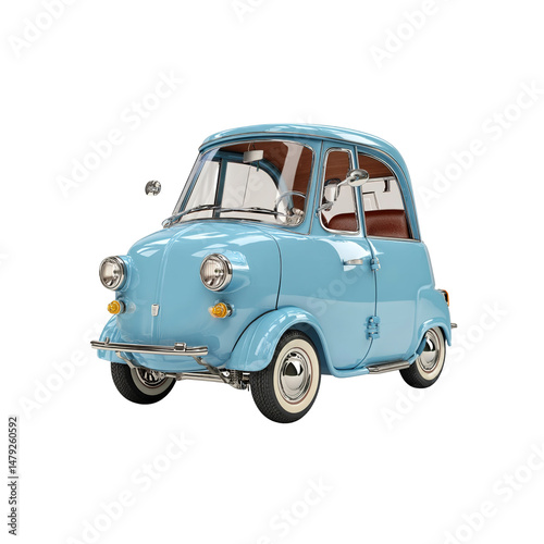 Classic Retro Light Blue Microcar, Vintage Automobile, 3D Render