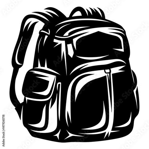 Stylized black and white illustration of a backpack ideal for hiking