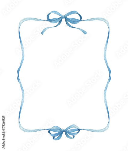Watercolor isolated blue  ribbon frame on white background.  Hand drawn sketch illustration