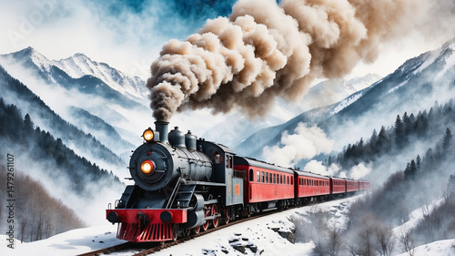 A vintage steam train chugs through a snowy mountain landscape, emitting large plumes.