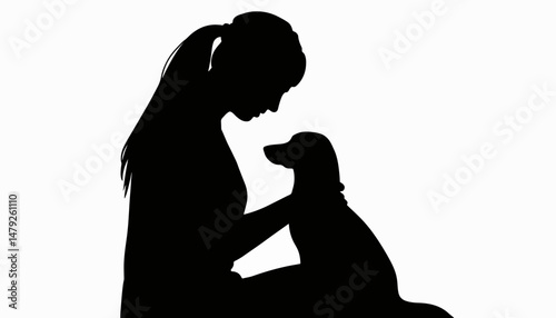 Caring woman comforting small dog silhouette, love and compassion