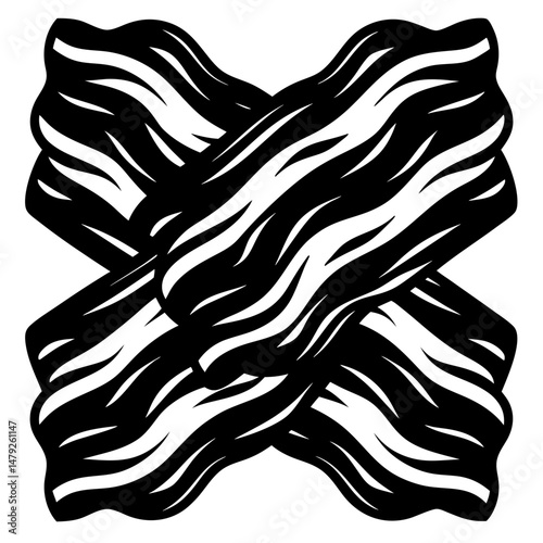 Crossed strips of bacon creating an abstract black and white pattern