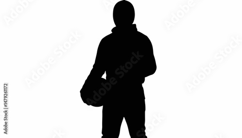 Fencer in silhouette holding helmet on white background, sport concept